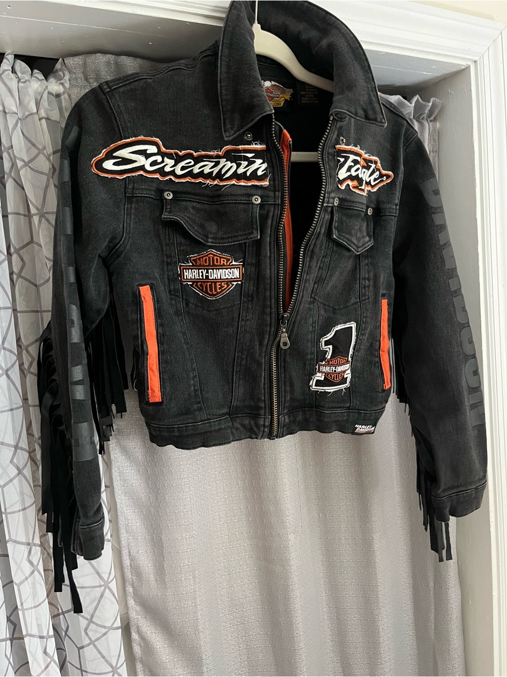 Harley-Davidson Women’s Black & Orange Denim Jacket Custom Upcycled with Leather